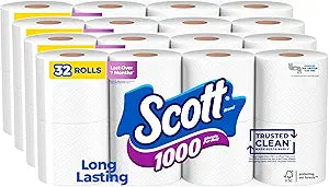 Scott 1000 Trusted Clean Toilet Paper, 32 Rolls, Septic-Safe, 1-Ply Toilet Tissue