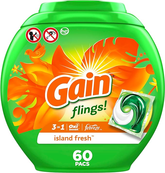 Gain flings! Laundry Detergent Soap Pacs HE Compatible 60 ct Long Lasting Scent Island Fresh