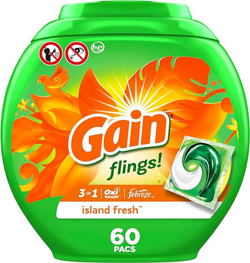 Gain flings! Laundry Detergent Soap Pacs HE Compatible 60 ct Long Lasting Scent Island Fresh