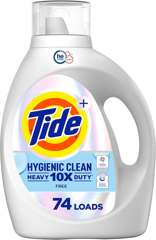 Tide Hygienic Clean Heavy Duty 10x Free Liquid Laundry Detergent, HE Compatible, Unscented, 74 loads, 105 fl oz