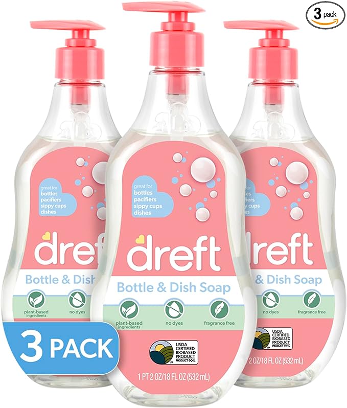 DREFT Bottle and Dish Soap | Made to Clean Baby Bottles, Sippy Cups, Pacifiers, Breast Pumps, & More | Gently Removes Milk Film & Odors | Plant Based, Fragrance Free Dish Soap | 18 Fl Oz (Pack of 3)