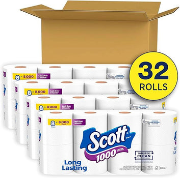 Scott 1000 Trusted Clean Toilet Paper, 32 Rolls, Septic-Safe, 1-Ply Toilet Tissue